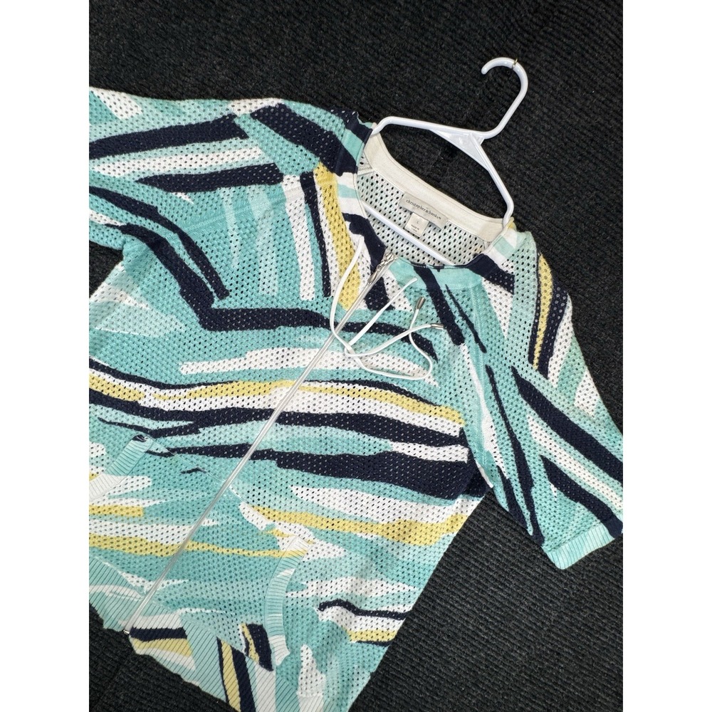 Christopher & Banks Short Sleeve Full Zip Sweater Jacket Abstract Knit Mesh Aqua